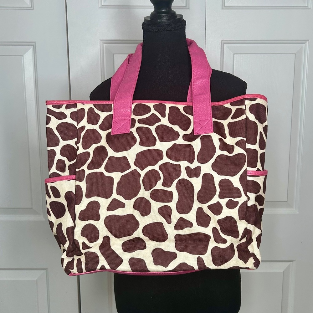 Toss Giraffe Print with Pink Faux Leather Trim and Zipper-Coated Canvas